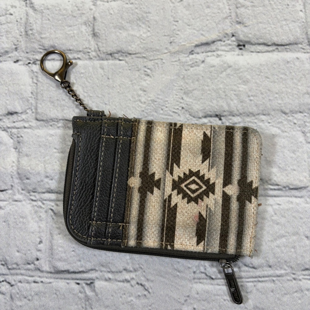 Wrangler Western Southwestern Aztec Print Zip Card Case Keychain Wallet Brown
